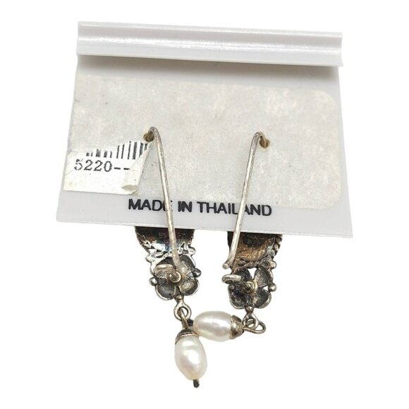 Westport 925 Sterling Silver Black Onyx Rice Pearl Dangle Drop Earrings Vintage - Picture 3 of 5